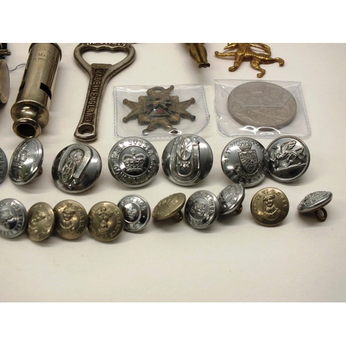 45 - TUB OF MISCELLANEOUS ITEMS, BOTTLE OPENERS, COINS, WHISTLES ETC