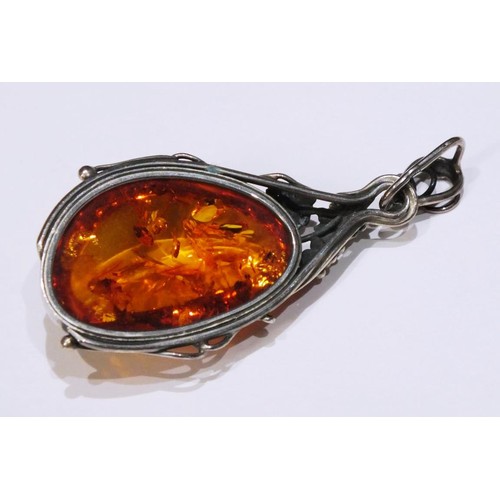 276 - TWO AMBER AND SILVER PENDANTS AND AMBER AND SILVER EARRINGS