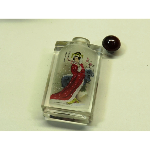 61 - BOXED SET OF FOUR ORIENTAL INSIDE PAINTED SNUFF BOTTLES- 