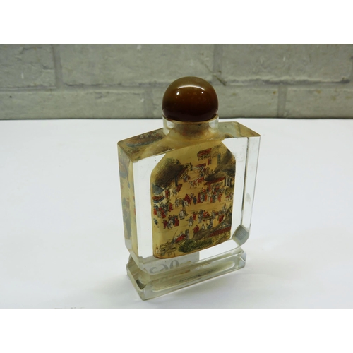 63 - LARGE ORIENTAL CHINESE INSIDE REVERSE PAINTED GLASS PERFUME/SNUFF BOTTLE H12cm x W7.5cm