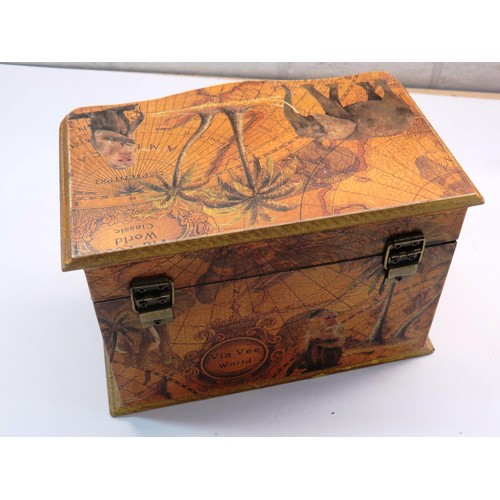 226 - AFRICA MAP DESIGN JEWELLERY/TRINKET BOX FULL OF VINTAGE JEWELLERY