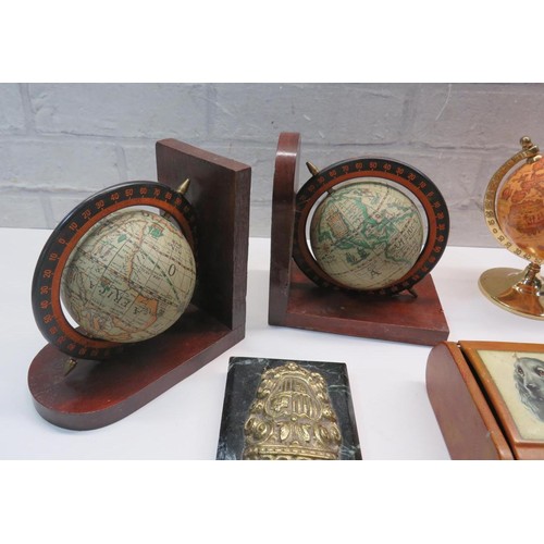 227 - VINTAGE ITEMS INCLUDES PAIR OF GLOBE BOOKENDS, DESK GLOBE, DURWOOD CANADA CARVED INDIAN HEAD TRINKET... 