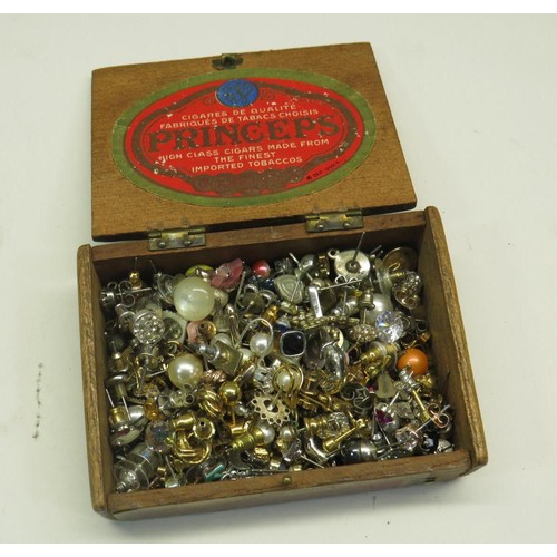 230 - VINTAGE WOODEN PRINCEPS CIGAR BOX FULL OF ASSORTED STUD EARRINGS