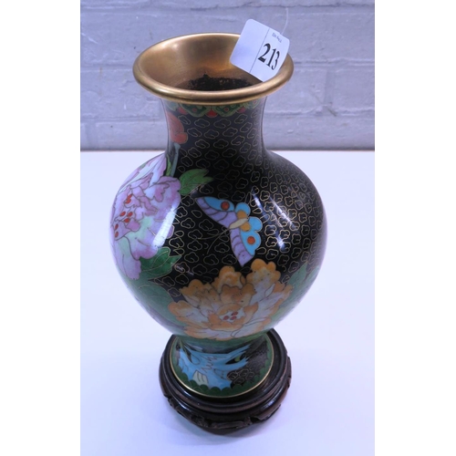 213 - VINTAGE CHINESE CLOISONNE ENAMEL VASE LOTUS FLOWERS & BUTTERFLY DESIGN - APPROX HEIGHT 9