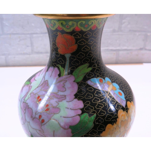 213 - VINTAGE CHINESE CLOISONNE ENAMEL VASE LOTUS FLOWERS & BUTTERFLY DESIGN - APPROX HEIGHT 9