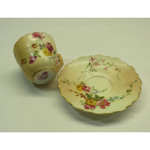 214 - ANTIQUE ROYAL WORCESTER FLORAL IVORY BLUSH SMALL CUP & SAUCER