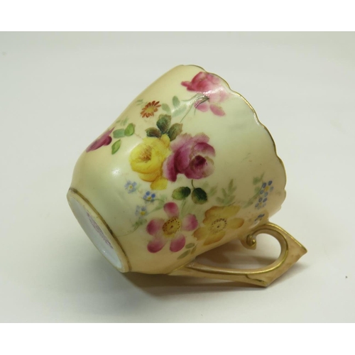 214 - ANTIQUE ROYAL WORCESTER FLORAL IVORY BLUSH SMALL CUP & SAUCER