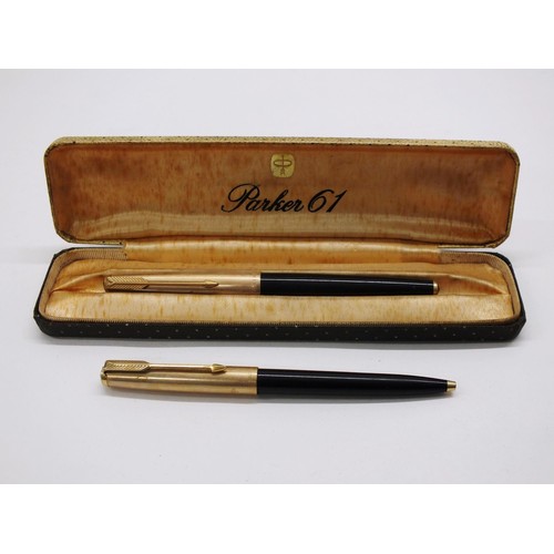 243 - VINTAGE PARKER 61 FOUNTAIN PEN & BIRO PENS WITH ROLLED GOLD CAPS IN ORIGINAL PRESENTATION CASE