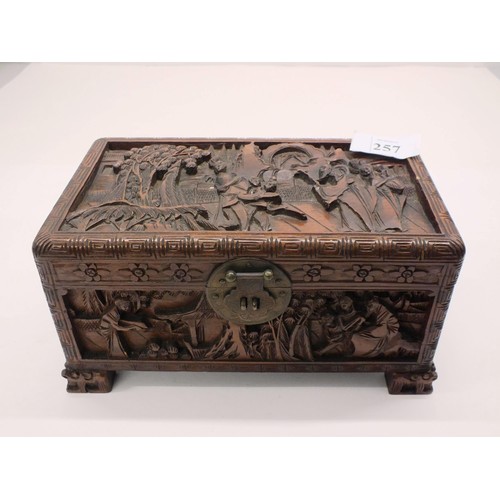 257 - HAND CARVED ANTIQUE JEWELLERY BOX FULL OF VINTAGE JEWELLERY