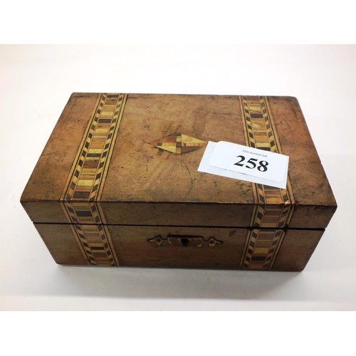 258 - VINTAGE WOODEN PARQUETRY INLAID JEWELLERY BOX FULL OF VINTAGE JEWELLERY