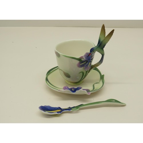 398 - SET OF FIVE FRANZ PORCELAIN CUPS, SAUCERS AND TEASPOONS INCLUDES TINKERBELL IN PERFECT CONDITION - V... 