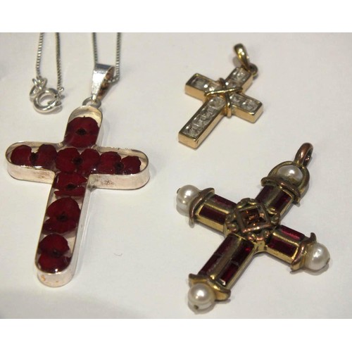 286 - 924 STERLING SILVER POPPY CROSS PENDANT NECKLACE AND FIVE CROSS PENDANTS INCLUDES CARVED MOTHER OF P... 