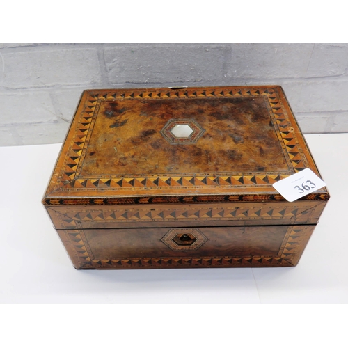 363 - VINTAGE INLAID WOODEN BOX WITH SILVER ITEMS INCLUDES SPOONS & NAPKIN RING ETC