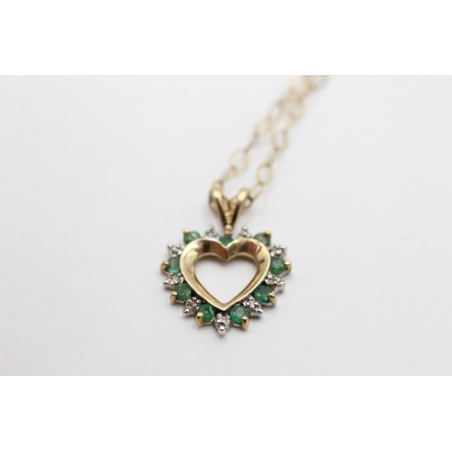 430 - 9ct gold emerald & diamond heart pendant necklace (2.1g)