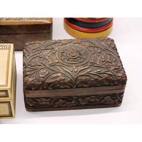 198 - 8 x ASSORTED VINTAGE WOODEN BOXES INCLUDING TEA, MUSICAL, CARVED ETC