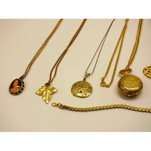 291 - SELECTION OF GOLD TONE JEWELLERY INCLUDING NECKLACES, BRACELETS, FOB WATCH ETC