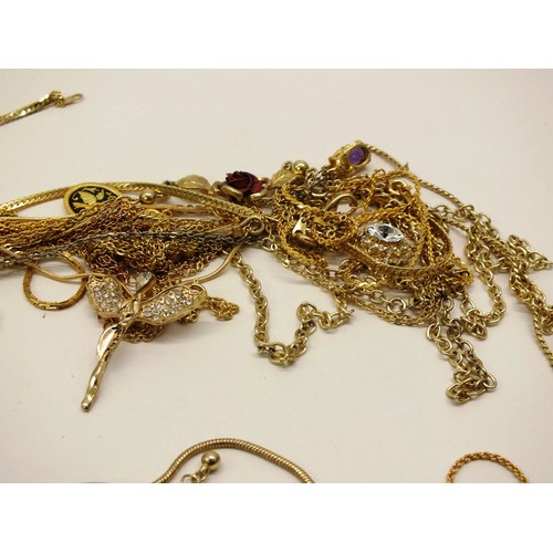 291 - SELECTION OF GOLD TONE JEWELLERY INCLUDING NECKLACES, BRACELETS, FOB WATCH ETC