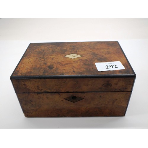 292 - VINTAGE/ ANTIQUE BURLWOOD SEWING BOX WITH VINTAGE JEWELLERY