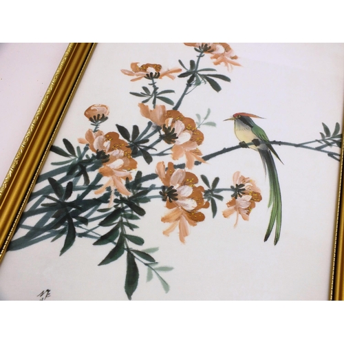 88 - PAIR OF VINTAGE FRAMED CHINESE ORIENTAL SILK PAINTINGS OF BIRDS BOTH SIGNED BY ARTIST SIZE 18