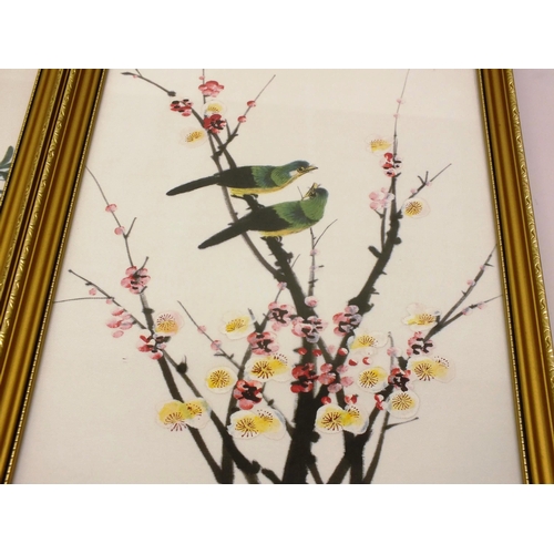 88 - PAIR OF VINTAGE FRAMED CHINESE ORIENTAL SILK PAINTINGS OF BIRDS BOTH SIGNED BY ARTIST SIZE 18