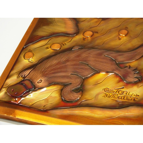 89 - COPPER RELIEF PICTURE WITH WITH FROG AND PLATYPUS- CAIRNS TONY 20 BATTEN 22