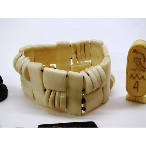 100 - CHINESE CARVED DIORAMA IN PLINTH, BONE BANGLE, BONE PENDANT AND ELEPHANT TRINKET IN VINTAGE LATHER J... 