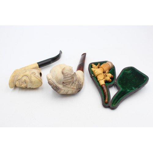 626 - 3 x Assorted Vintage Estate SMOKING PIPES Inc Carved, Figural, Meerschaum, Cased