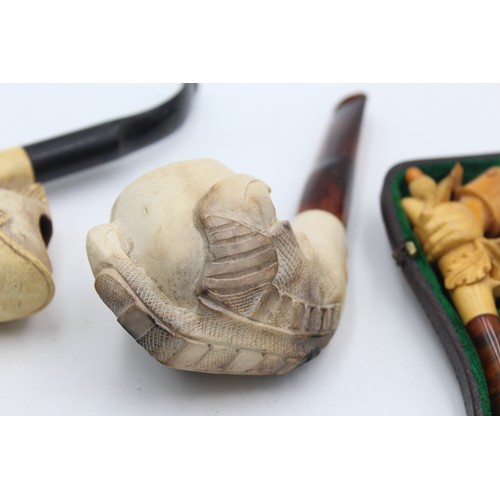 626 - 3 x Assorted Vintage Estate SMOKING PIPES Inc Carved, Figural, Meerschaum, Cased