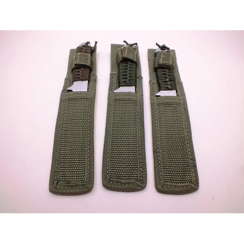 57 - SET OF THREE THROWING STYLE KNIFES IN POLYESTER SHEATHS 7.75'