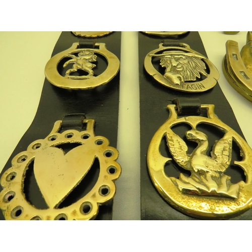 107 - 2 x SETS OF HORSE BRASSES ON LEATHER STRAPS