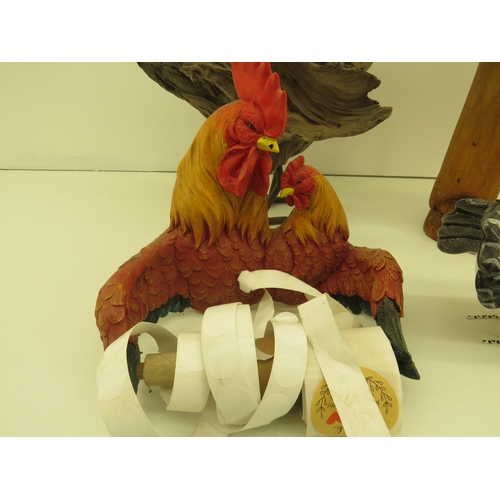 138 - THREE CHICKEN ITEMS INCLUDES TOILET ROLL HOLDER AND A CARVED WOODEN CLOWN HEIGH 16