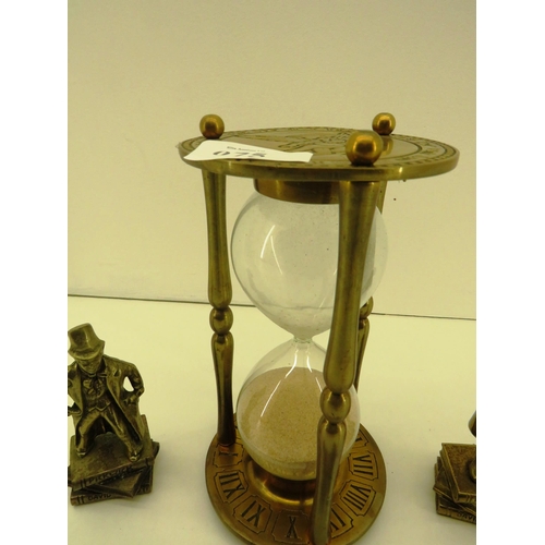 75 - LARGE BRASS HOURGLASS SAND TIMER, TWO BRASS DICKENS FIGURES AND BRASS GAVEL