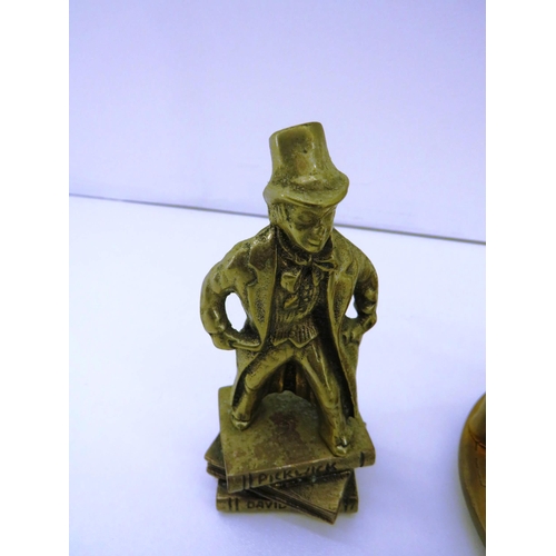 75 - LARGE BRASS HOURGLASS SAND TIMER, TWO BRASS DICKENS FIGURES AND BRASS GAVEL