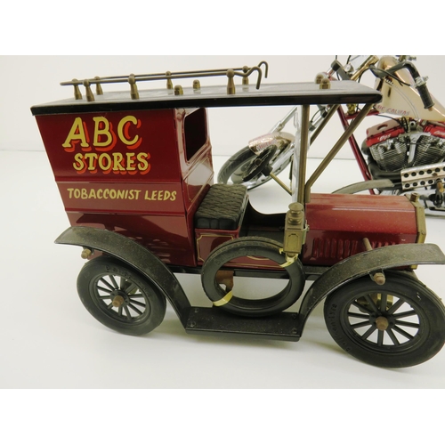 81 - CORGI MAJOR TRANSPORTER, SCALE MODEL MOTORBIKE AND VINTAGE TINPLATE VAN- TOBACCANICST LEEDS