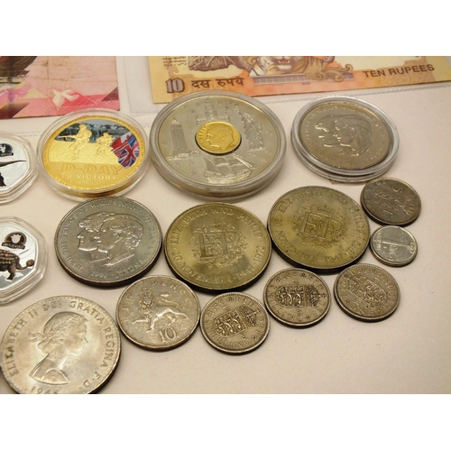 13 - ASSORTED MISCELLANEOUS BANKNOTES AND COINS, CROWNS ETC