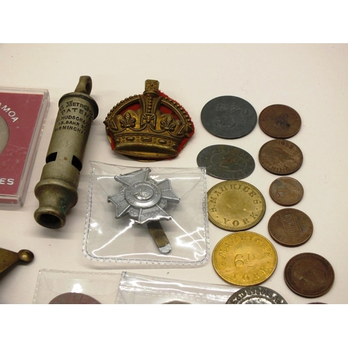 26 - MISCELLANEOUS LOT INCLUDING OLD J.HUDSON WHISTLE, COINS, TOKENS ETC