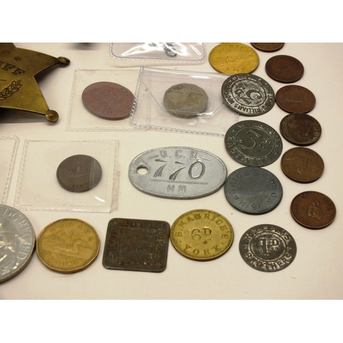 26 - MISCELLANEOUS LOT INCLUDING OLD J.HUDSON WHISTLE, COINS, TOKENS ETC