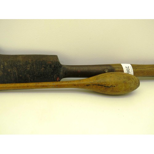 206 - VINTAGE PEAT CUTTER TOOL AND WOODEN JUGGLING CLUB