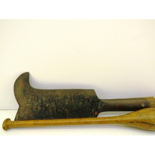 206 - VINTAGE PEAT CUTTER TOOL AND WOODEN JUGGLING CLUB