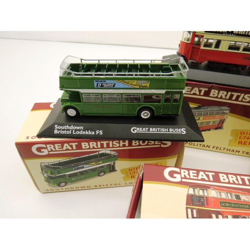 289 - FOUR BOXED DIECAST GREAT BRITISH BUSES SOUTHDOWN BRISTOL, WALLACE ARNOLD BEDFORD, METROPOLITAN FELTH... 