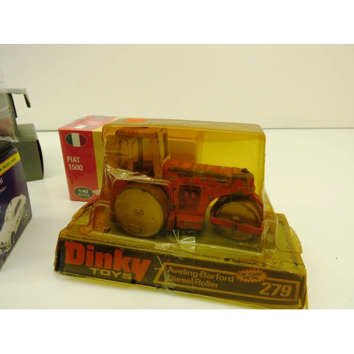 293 - BOX OF ASSORTED DIECAST INCLUDES DINKY TOYS BEDFORD ROLLER AND UNOPENED ATLAS EDITIONS FIAT 1500