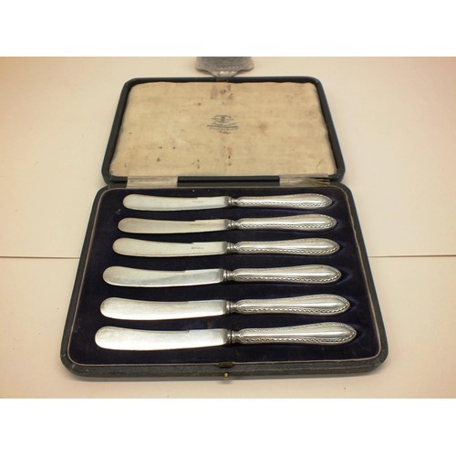 245 - VINTAGE CASED SET OF SIX BUTTER KNIVES AND A PAIR OF CUT GLASS KNIFE RESTS