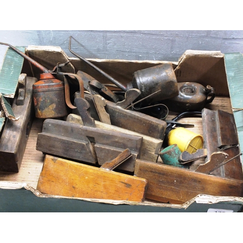 275 - BOX OF VINTAGE WOOD PLANES AND OIL CANS