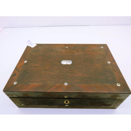 337 - ANTIQUE MAHOGANY WRITING BOX WITH INLAID MOTHER OF PEARL