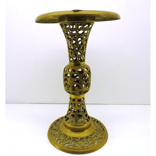 344 - PIERCED BRASS PEDESTAL SIDE TABLE  APPROXIMATE HEIGHT 19