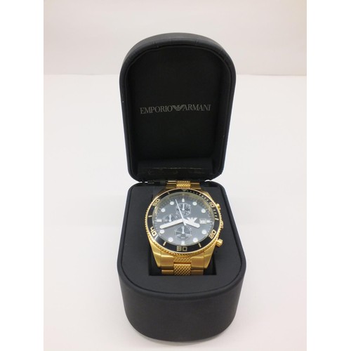 227 - EMPORIO ARMANI GENTS GOLDTONE CHRONOGRAPH WATCH WITH TAGS & SPARE LINKS BOXED & WORKING