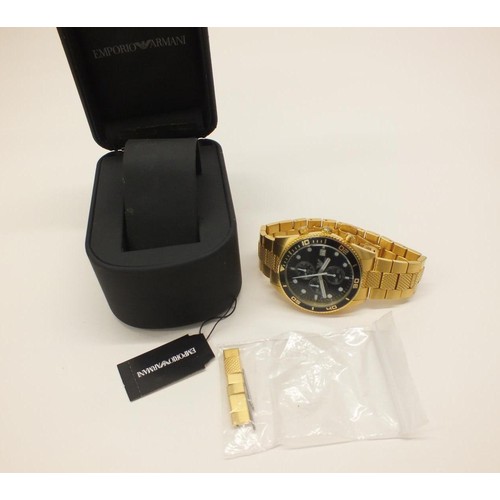 227 - EMPORIO ARMANI GENTS GOLDTONE CHRONOGRAPH WATCH WITH TAGS & SPARE LINKS BOXED & WORKING