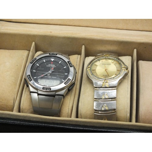 118 - BLACK LEATHER 12 WATCH CASE WITH 7 WATCHES INCLUDES CASIO DIGITAL & ACCURIST