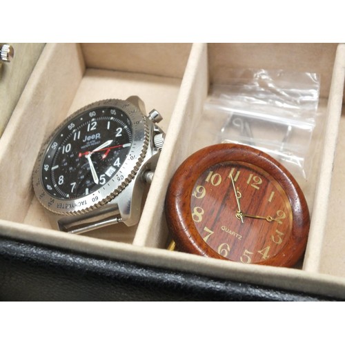 120 - BLACK LEATHER 12 WATCH CASE WITH 9 WATCHES INCLUDES CITIZEN and JEEP