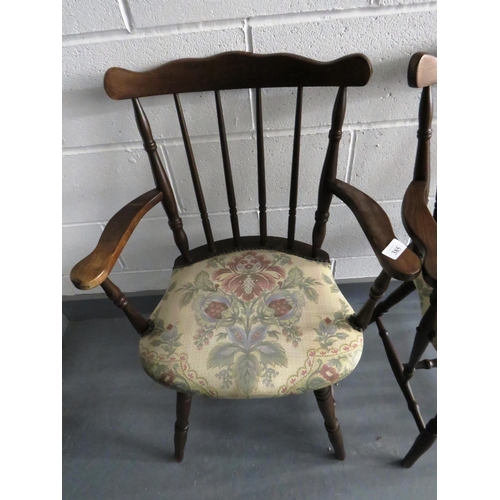 385 - PAIR OF VINTAGE OAK WINDSOR CHAIRS WITH STUDDED TAPESTRY SEATS